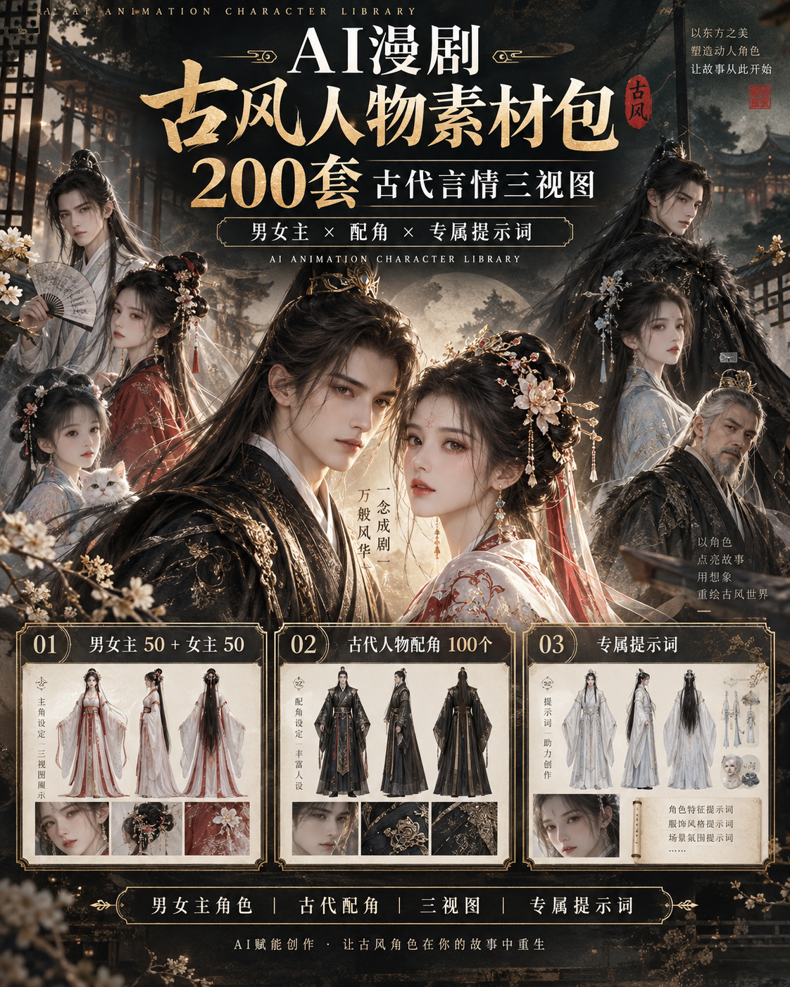 AI漫剧古风人物素材包，200套古代言情三视图+专属提示词