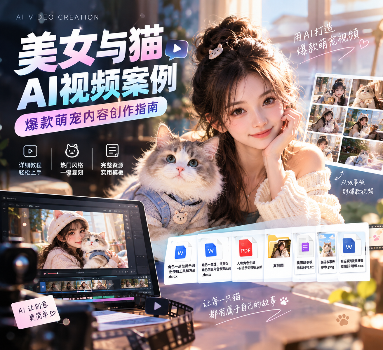 美女与猫AI视频案例，爆款萌宠内容创作指南